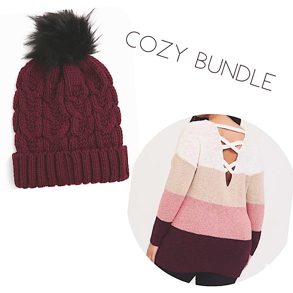 Torrid Stripe, Cross-back Knit Tunic Sweater with Maroon Pom-pom Beanie